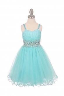 Aqua Sleeveless Mesh Junior Bridesmaid Dress with Beaded Waistline